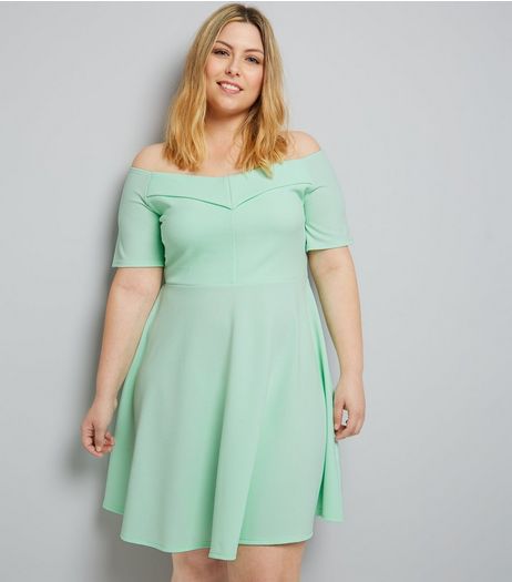Curves Mint Green Bardot Neck Crepe Skater Dress | New Look