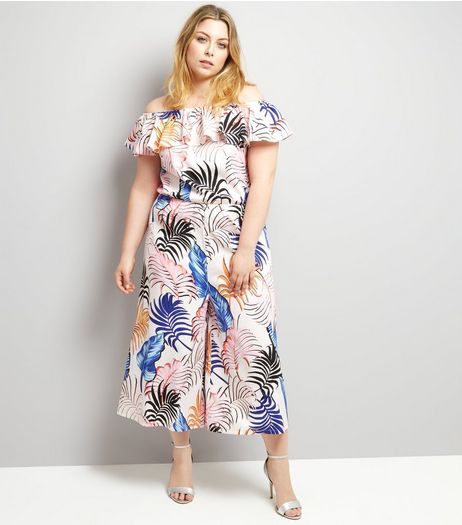 Curves White Tropical Print Frill Trim Culotte Jumpsuit | New Look
