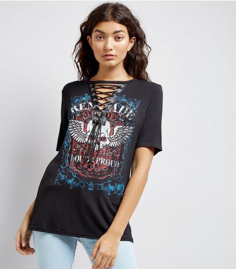 Tall Black Lace Up Front Rock Print T-Shirt | New Look
