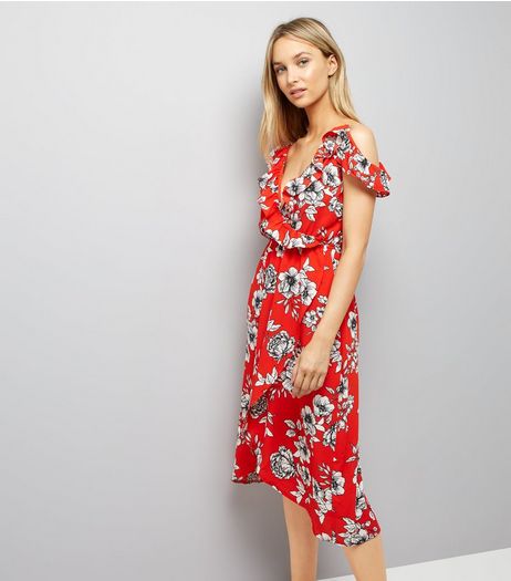 Tall Red Floral Print Cold Shoulder Midi Dress | New Look