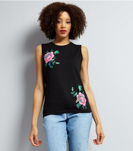 Black Floral Embroidered Tank Top | New Look