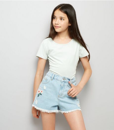 Teens Pale Blue Floral Print Denim Shorts | New Look