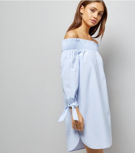 Blue Bardot Neck Tie Sleeve Dress | New Look