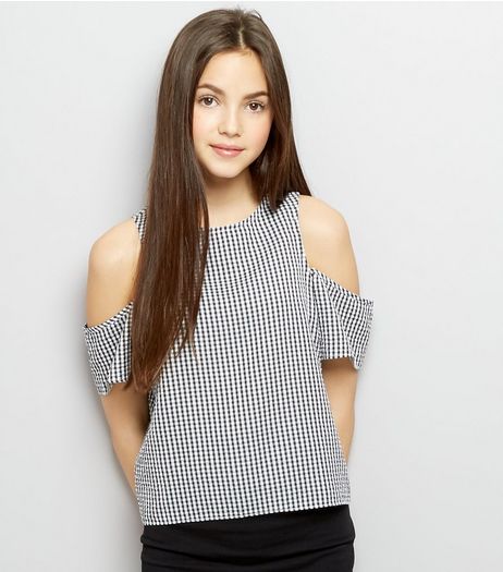 Teens Black Gingham Cold Shoulder Top | New Look