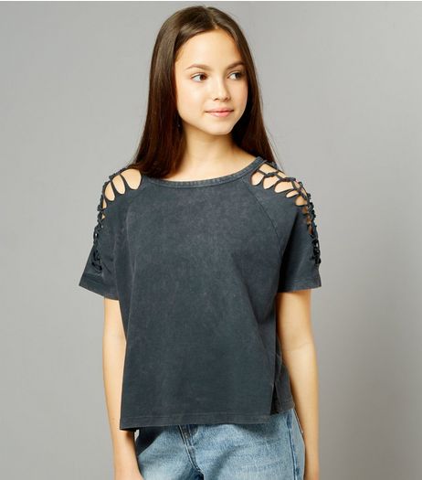 Teens Grey Acid Wash Lattice Sleeve T-Shirt | New Look