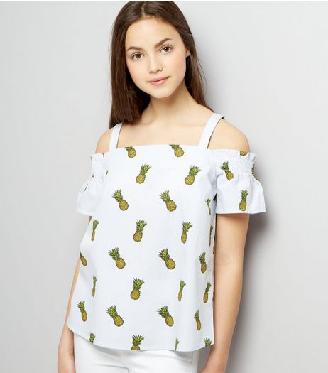 Teens White Pineapple Print Cold Shoulder Top | New Look