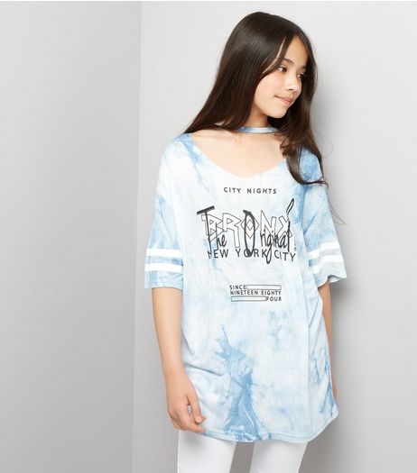 Teens Blue Tie Dye Choker Neck Bronx Slogan T-Shirt | New Look
