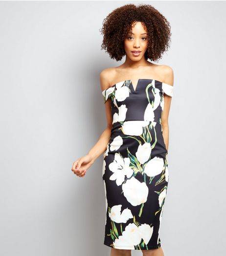 AX Paris Black Floral Print Bardot Neck Midi Dress | New Look