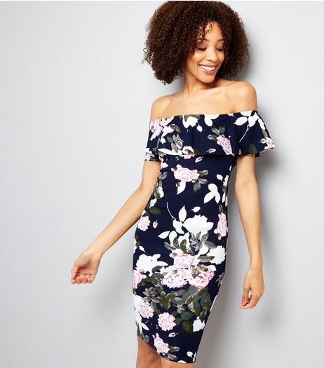 AX Paris Blue Floral Print Bardot Neck Dress | New Look