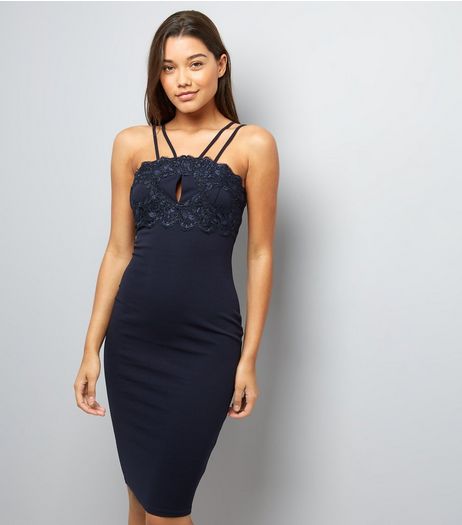 AX Paris Navy Lace Trim Strappy Midi Dress | New Look