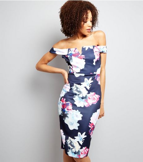 AX Paris Blue Floral Print Bardot Neck Dress | New Look