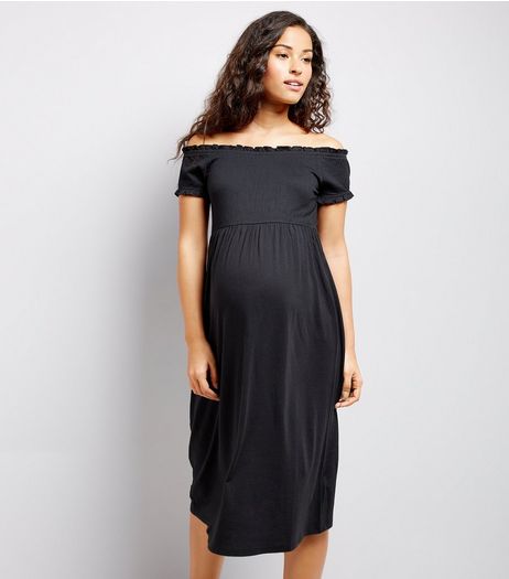 Maternity Black Shirred Bardot Neck Dress | New Look