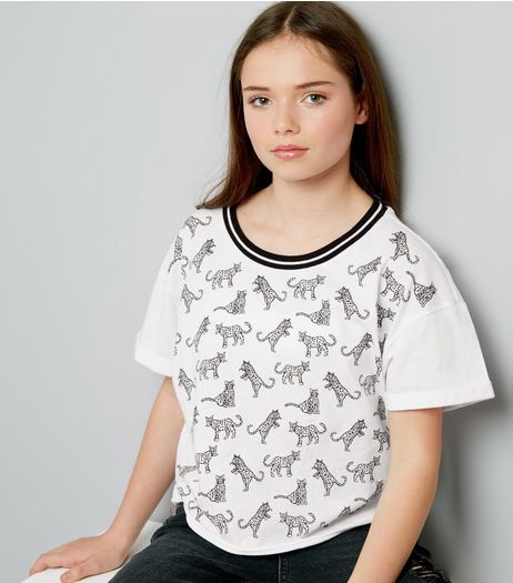 Teens White Stripe Neck Leopard Print T-Shirt | New Look