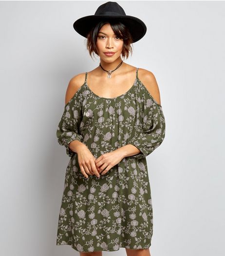 Apricot Olive Green Floral Print Cold Shoulder Dress | New Look