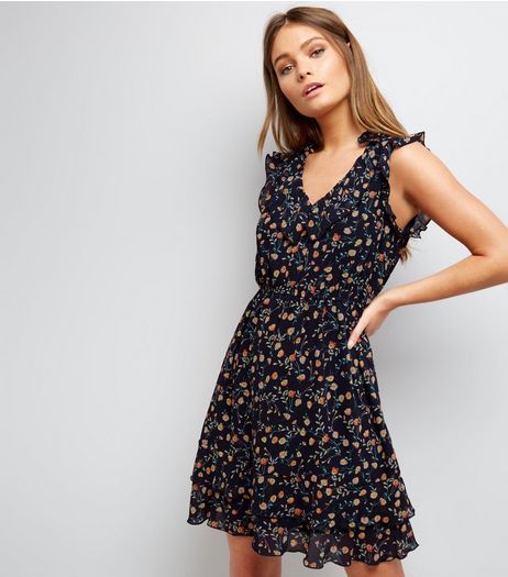 Apricot Navy Ditsy Floral Print Chiffon Mini Dress | New Look