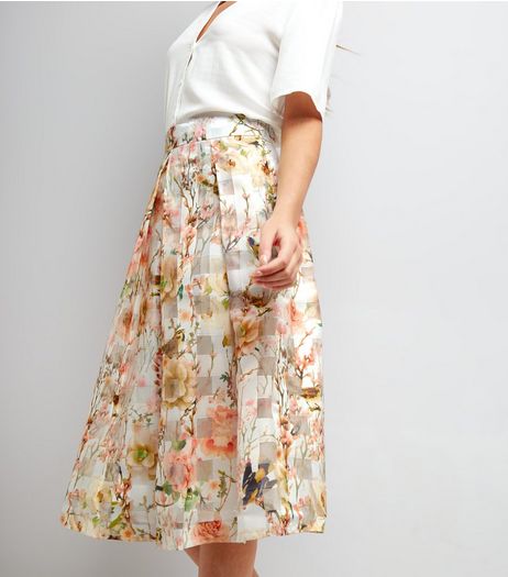 Apricot Cream Chiffon Check Floral Print Midi Skirt | New Look