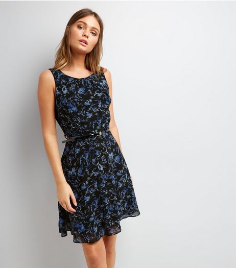 Apricot Navy Floral Print Belted Skater Dress | New Look