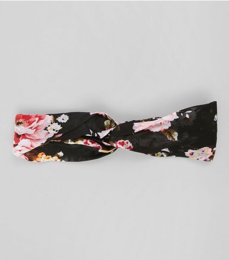 Black Floral Print Mesh Twist Front Headband | New Look
