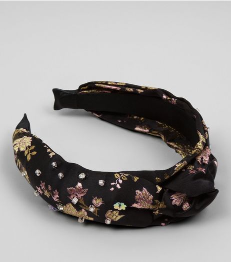 Black Satin Floral Brocade Knot Front Headband | New Look