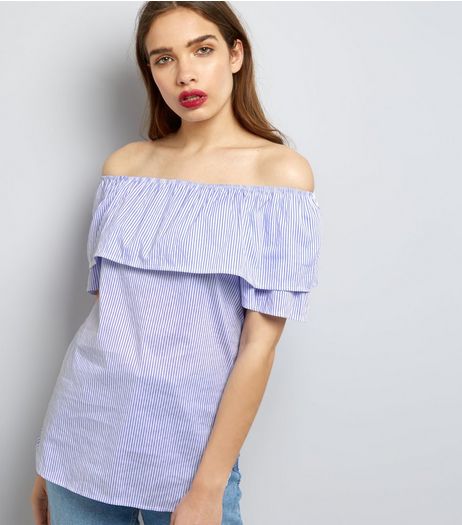 Cameo Rose Blue Stripe Frill Trim Bardot Neck Top | New Look