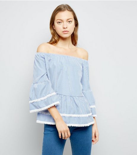 Blue Stripe Lace Trim Bardot Neck Top | New Look