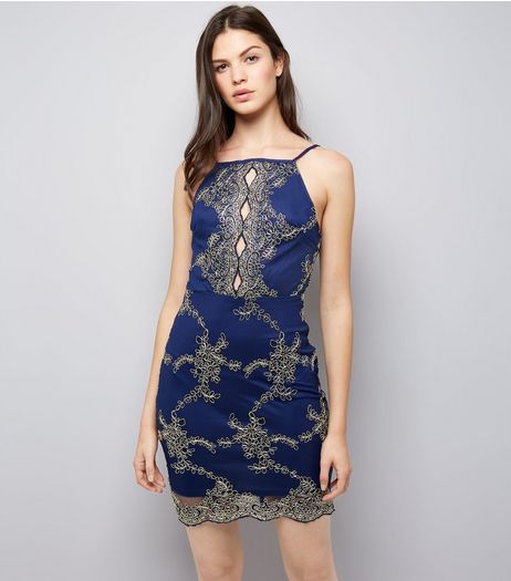 AX Paris Navy Embroidered Strappy Dress | New Look