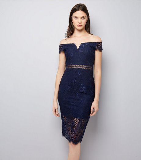 AX Paris Navy Lace Bardot Neck Midi Dress | New Look