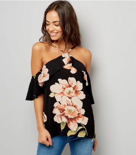 AX Paris Black Floral Print Cold Shoulder Top | New Look