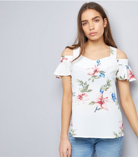 AX Paris White Floral Print Cold Shoulder Top | New Look