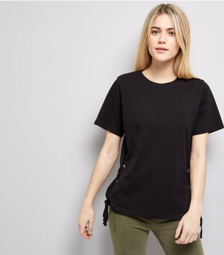Black Lace Up Side T-Shirt | New Look