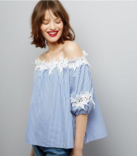 Blue Stripe Lace Trim Top | New Look
