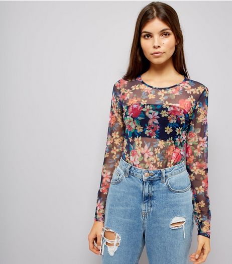 Black Mesh Floral Bodysuit | New Look