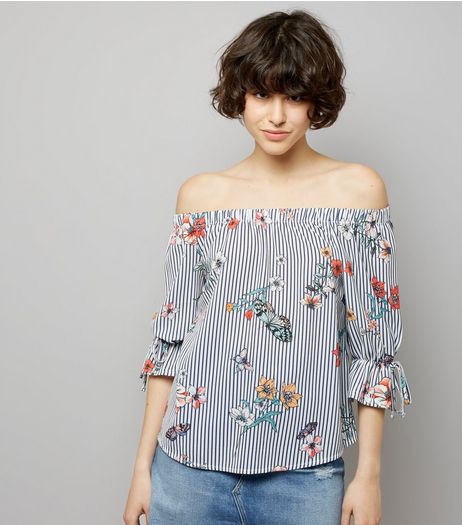 White Stripe Floral Print Bardot Neck Top | New Look
