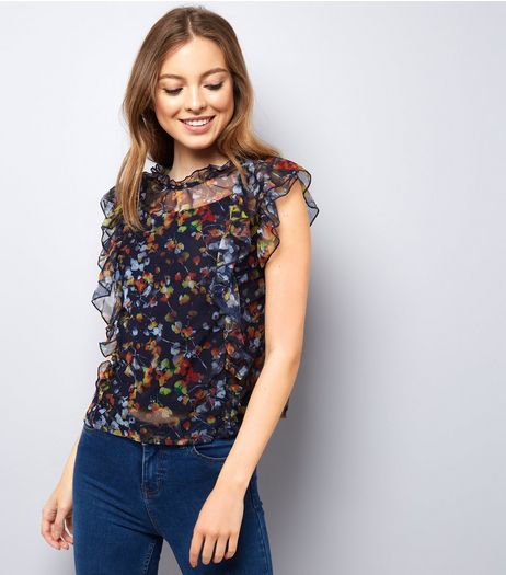 Navy Floral Print Frill Trim Mesh Top | New Look