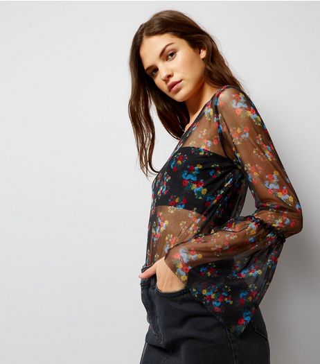 Black Floral Print Mesh Frill Sleeve Bodysuit | New Look