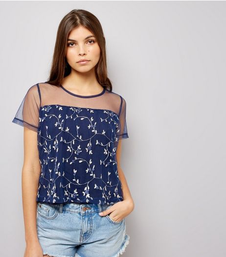 Navy Floral Embroidered Mesh Top | New Look