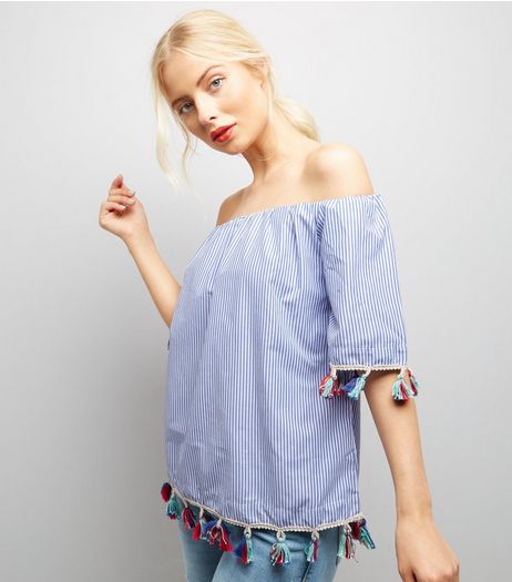 QED Navy Stripe Tassel Trim Bardot Neck Top | New Look