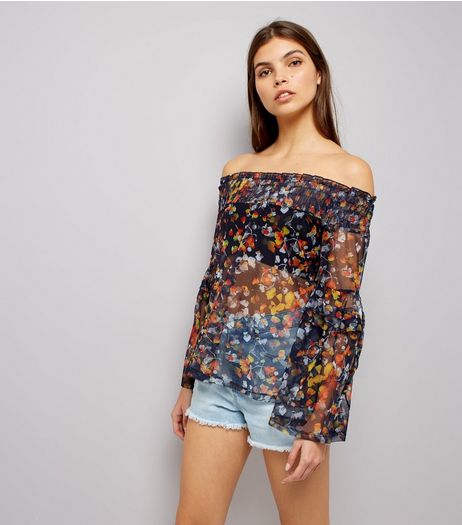 Navy Floral Print Bardot Top | New Look