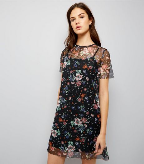 Black Floral Mesh Print 2 in 1 Dress | New Look