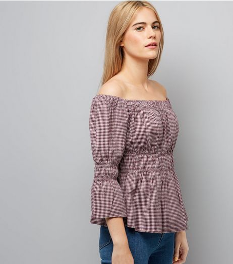 Red Check Bell Sleeve Bardot Neck Top | New Look