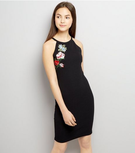 Teens Black Floral Applique Badge Dress | New Look