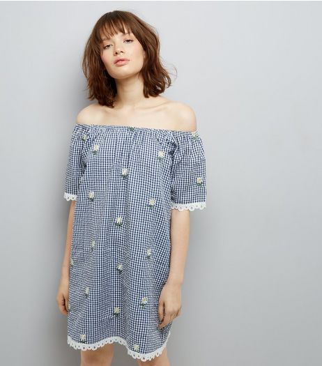 Navy Gingham Daisy Emroidered Bardot Neck Dress | New Look