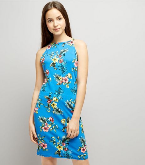 Teens Blue Tropical Print High Neck Bodycon Dress | New Look