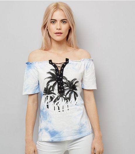 Pale Blue Tie Dye Lace Up Front Bardot Top | New Look