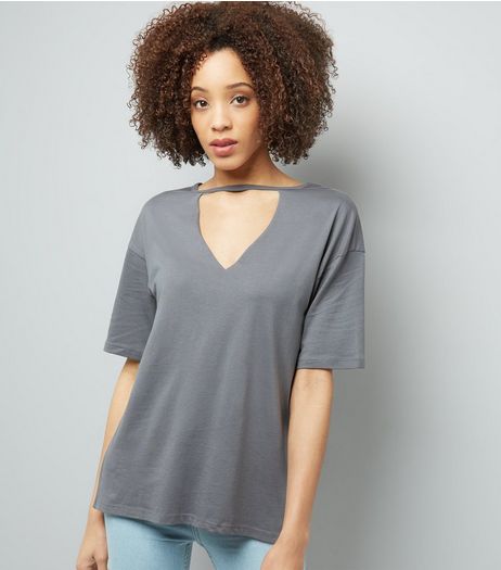 Dark Grey Choker Neck T-Shirt | New Look