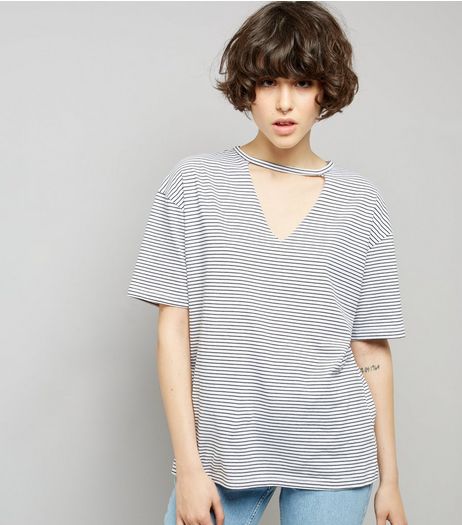 Black Stripe Choker Neck Girlfriend T-Shirt | New Look