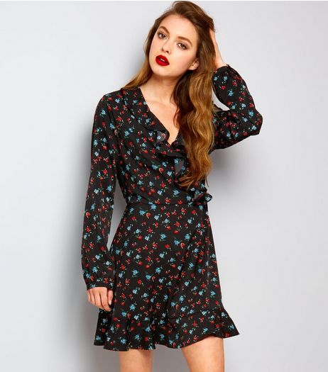 Cameo Rose Black Floral Print Frill Trim Dress | New Look