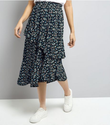 Cameo Rose Blue Ditsy Floral Print Frill Layered Midi Skirt | New Look