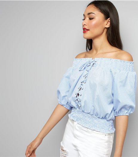 Cameo Rose Pale Blue Lace Up Bardot Top | New Look