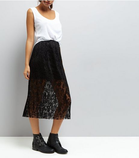 Black Pleated Lace Half Lined Midi Skirt | New Look